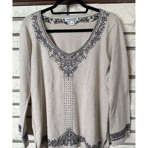 Coldwater Creek Woman’s Knit Sweater Cream With Black Embroidery Sz Med Business
